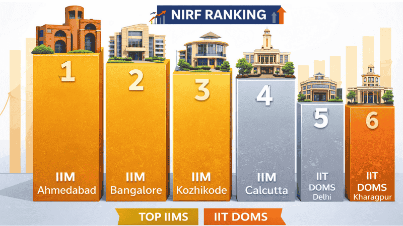 NIRF rankings 2026 showing top MBA colleges in India including IIMs and IIT Delhi DOMS
